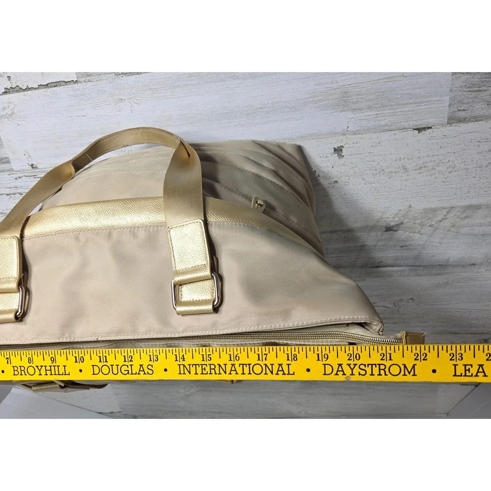Chicos Large Tote Bag Champagne Gold Nylon Vegan Leather Weekender Travel Purse